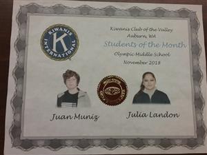 Kiwanis November 2018 Students of the Month 